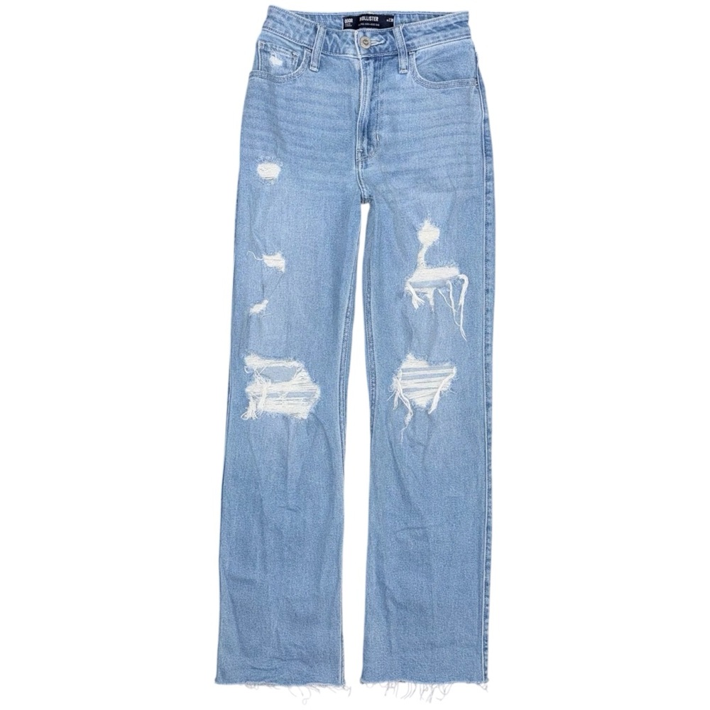 Hollister Ultra High Rise Dad Straight Jeans Sz 000 / 23 Light Wash Distressed